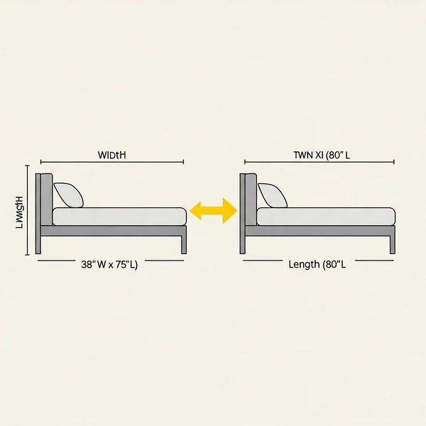 Gráfico comparando as dimensões das camas Twin e Twin XL lado a lado