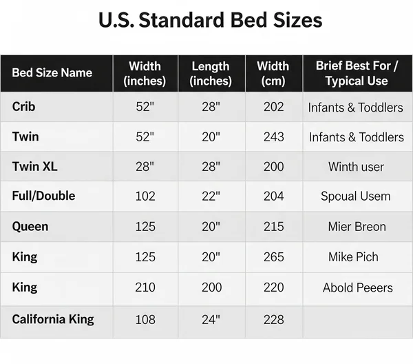 包含英寸和厘米尺寸的美国床尺寸综合图表