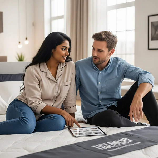 Casal discutindo opções de tamanho de cama confortavelmente