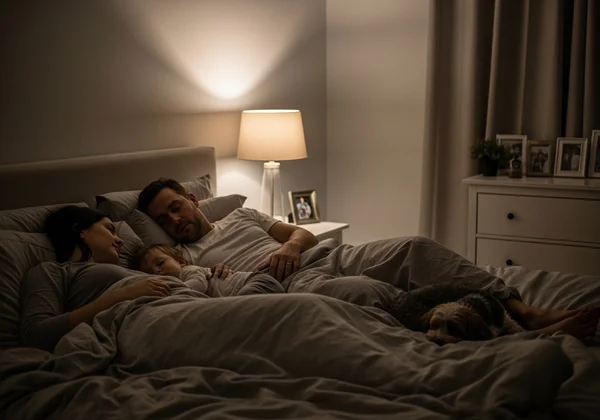 Family co-sleeping peacefully in a large, comfortable bed