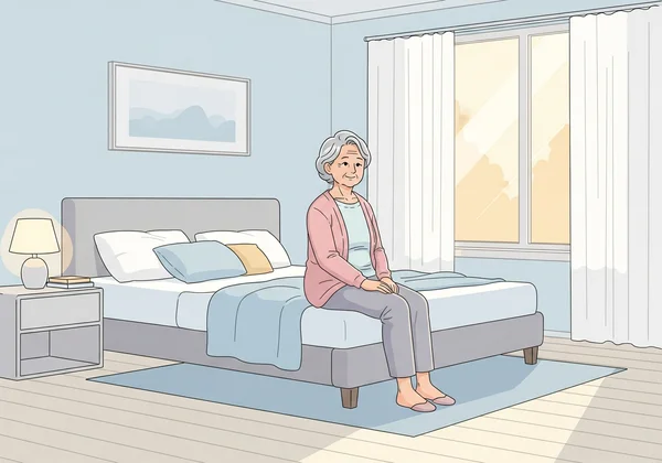 Mujer mayor sentada cómodamente en la cama con los pies en el suelo
