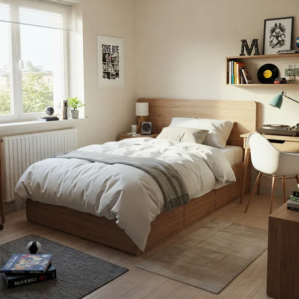 Full size bed setup in a modern single adult bedroom