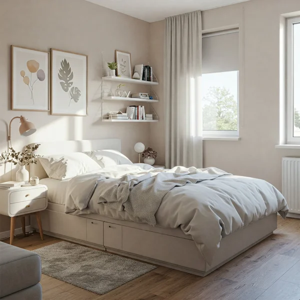 Full size bed fitting well in a small bedroom layout