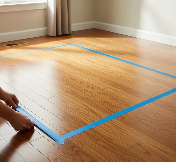Person using masking tape to outline bed size on bedroom floor