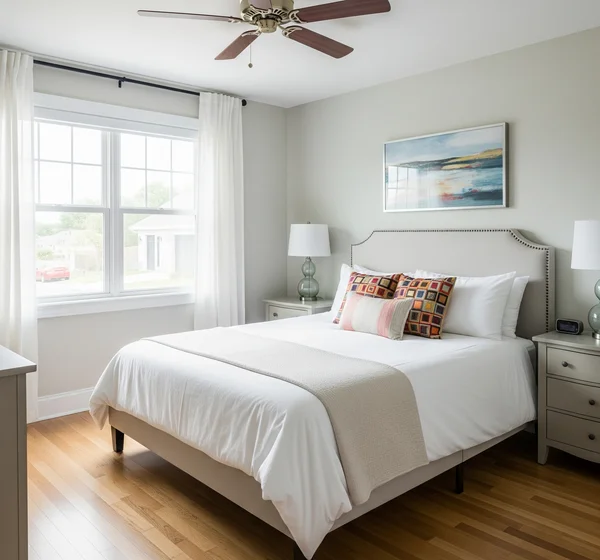 Queen bed fitting well in a 10x10 foot room layout