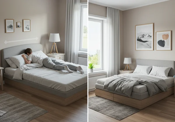 Person stretching on different bed sizes, showing space