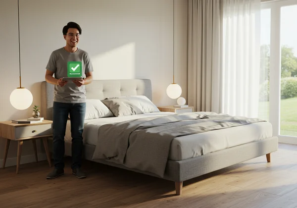 Happy person confidently choosing a perfect mattress