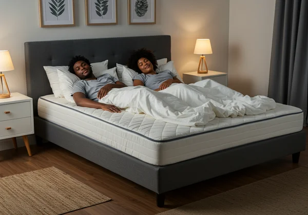 Happy couple sleeping comfortably on a queen size bed