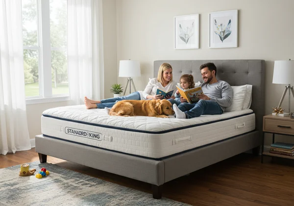 Happy family with a child and a dog on a wide King bed.