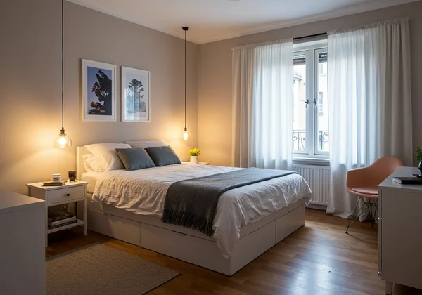 A comfortable full bed in a compact bedroom for one person