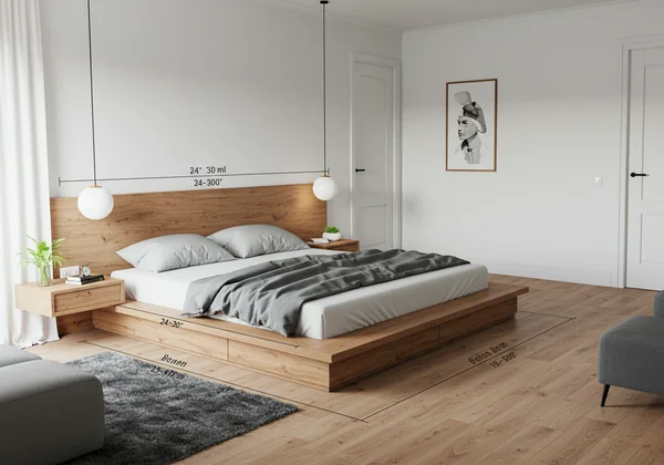 Optimized bedroom layout with a long platform bed and space