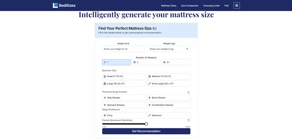 Homepage of bedsizes.net showcasing tools to recommend bed and mattress sizes